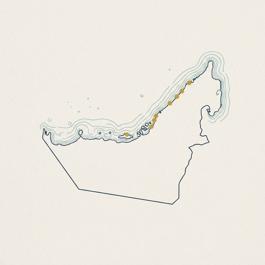 Stylized line-drawn map of the United Arab Emirates with gold dots marking host areas along the northern coast.